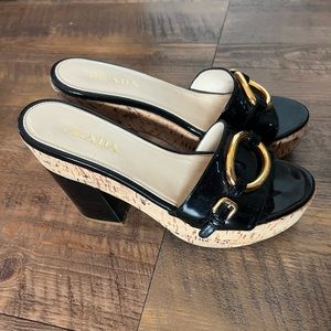 Prada Platform block heel sandals Patent Leather, cork, gold buckle Sz 37.5